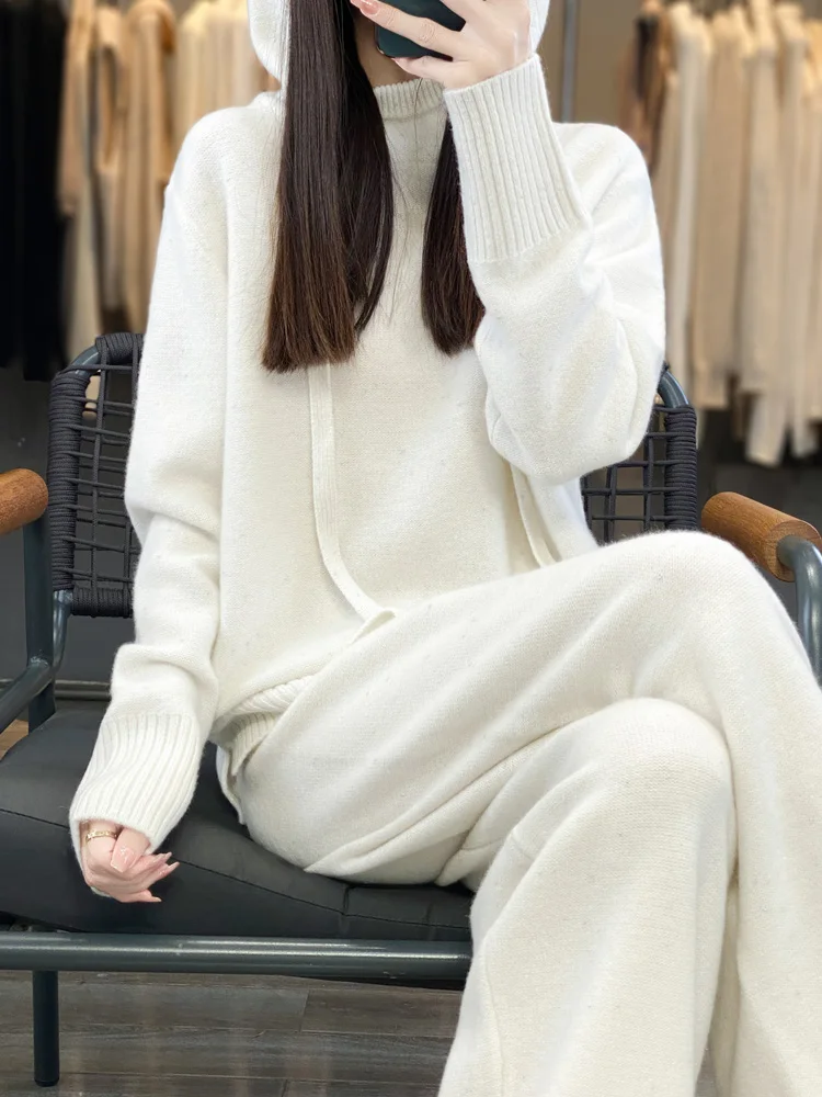 New 100% Australia Wool Set Women\'s Autumn/Winter Loose Casual Knit Hooded Sweater High Waist Wide Leg Pants Fashion Two Piece