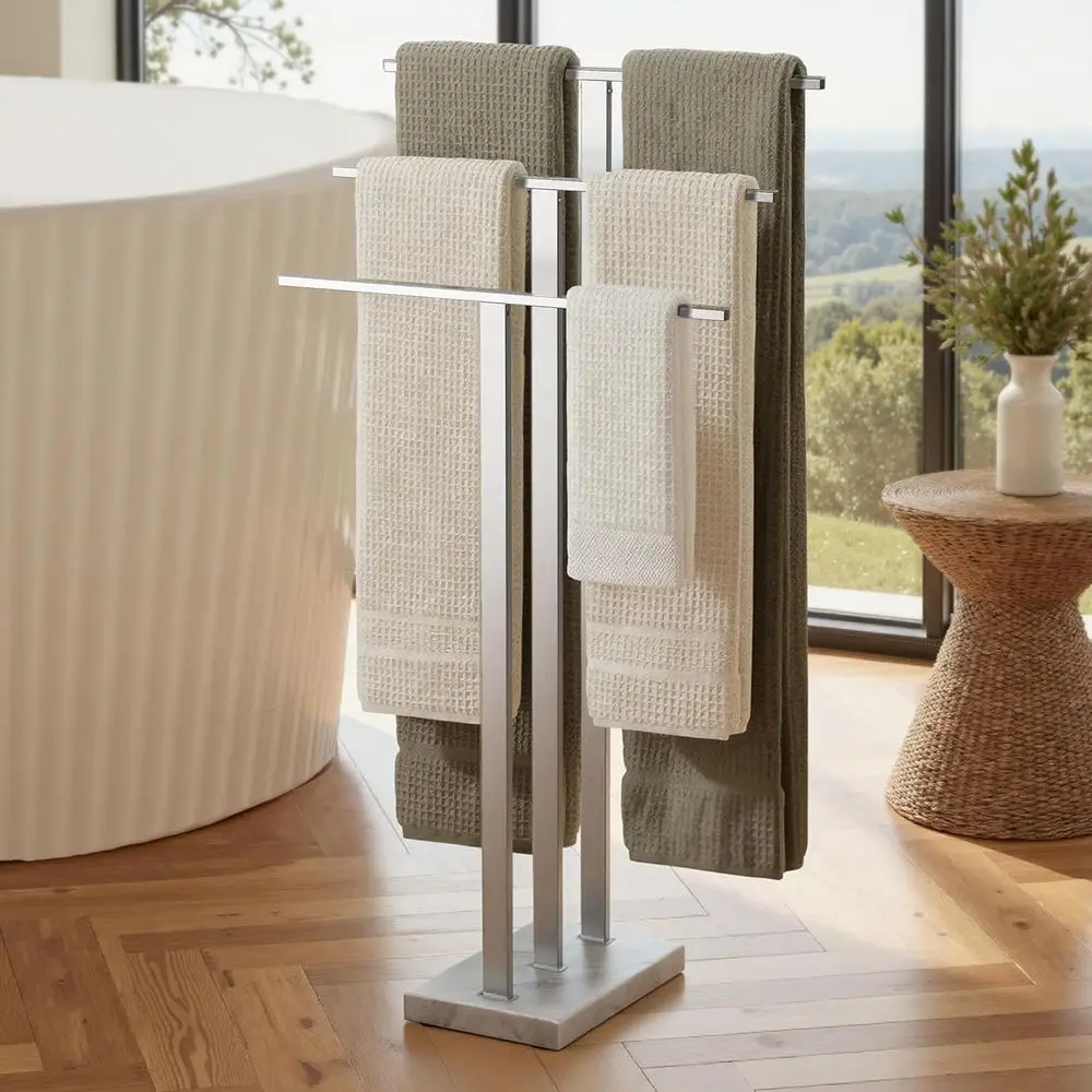 

3-Tier Standing Towel Rack with Heavy Marble Base, Brushed Stainless Steel Finish