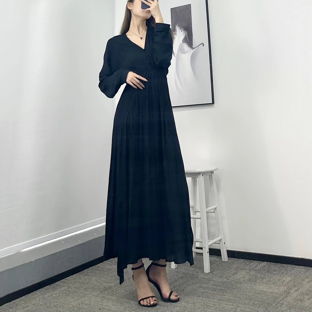 

Textured Pleated Waisted Viscose Women's Dress Y2k Black Temperament Commuter Hem Slit V Neck Long Sleeve Dress 2024 Summer New