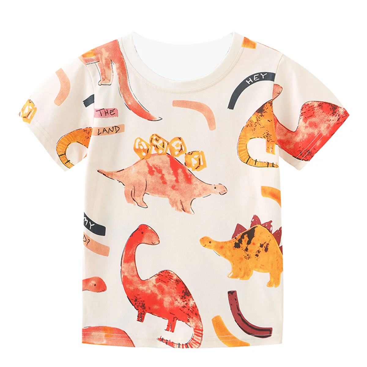 Verão meninos e meninas manga curta camiseta de malha algodão dos desenhos animados dinossauro padrão em torno do pescoço topo 3-14y