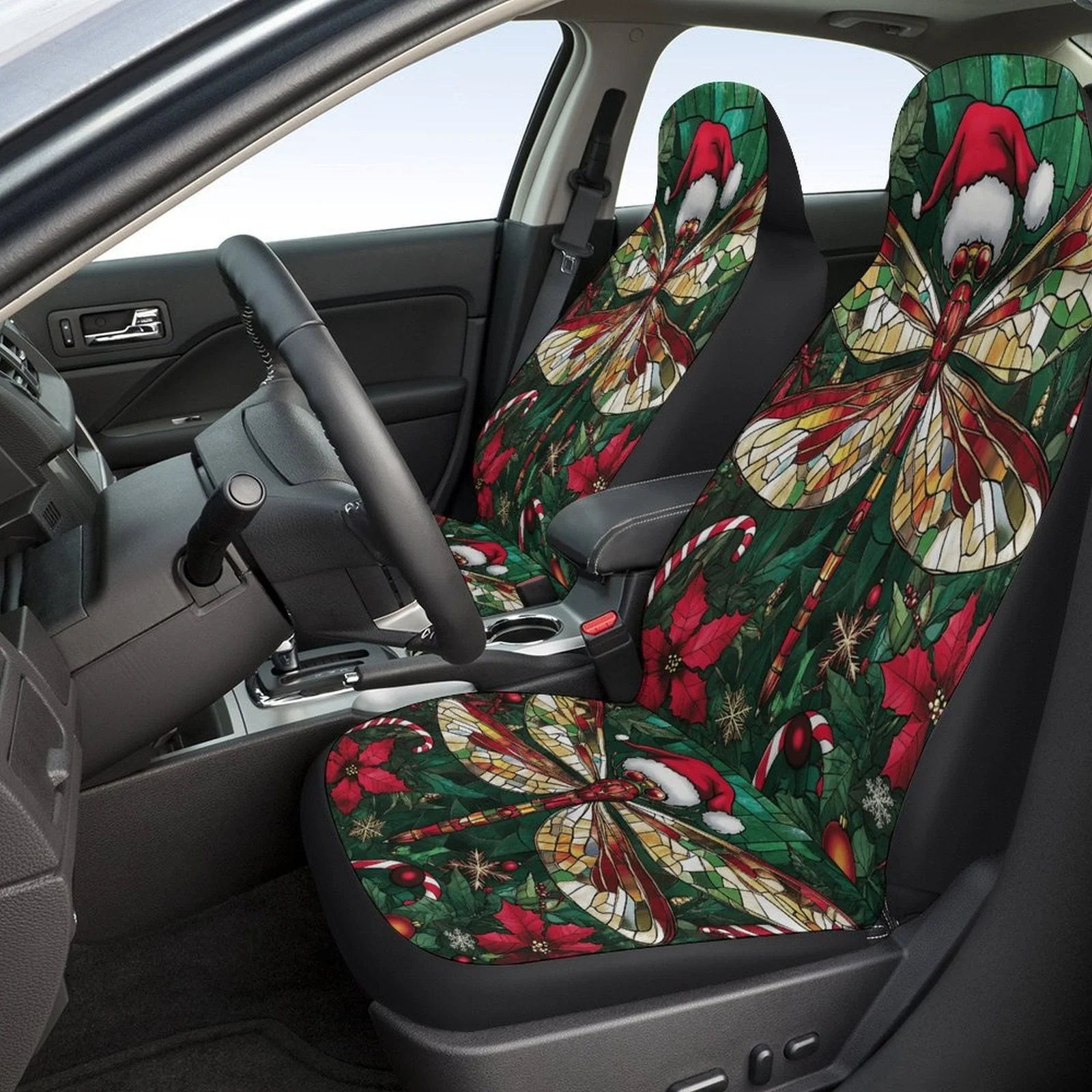 Christmas Dragonfly Mosaic Themed Car Seat Cover Set For Most Cars, Trendy High-quality Car Seat Protector Covers Full Set, Univ