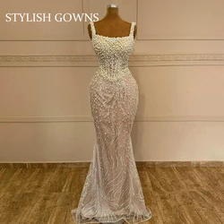 Elegant Pearls Ivory Evening Dress Sleeveless Square Neck Long Prom Dresses Robe de Mariée 2024 Occasion Dresses Bead Customized