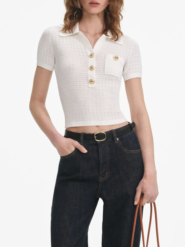 

Premium Women's Summer Versatile Hollow Stripe Knitted T-irt Top Sp Home South Oil High End Faion Simple Commute Sle