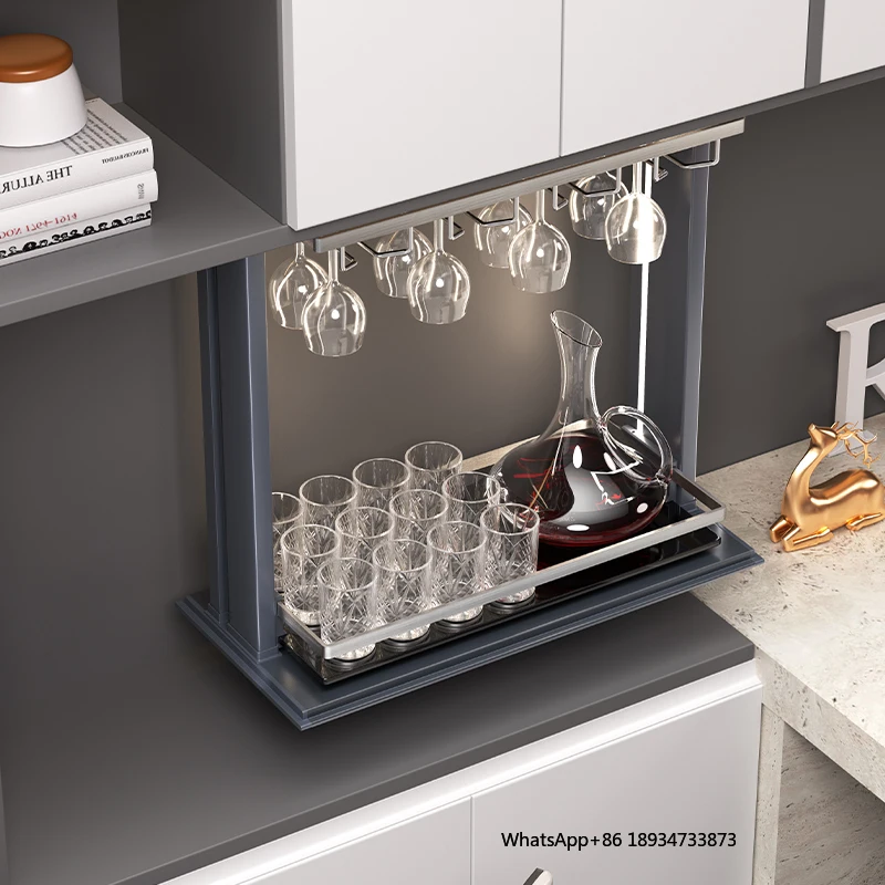 Modern Kitchen Cabinet Lifting System Pull Down Basket Cupboard Pull Down Glass Storage Basket Lift Storage Organizer Elevator