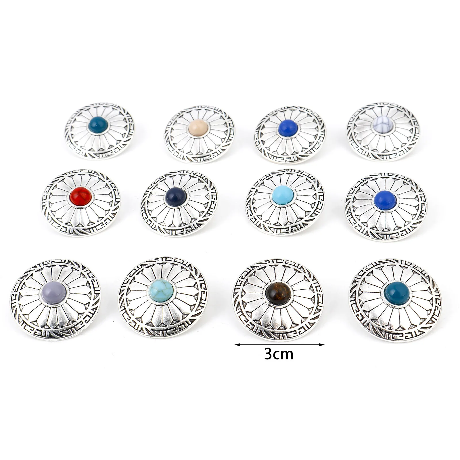 3cm Bohemian Metal Sewing Shank Round Buttons Antique Silver Color Carved Pattern With Resin Cabochons DIY Decor Crafts,3PCs