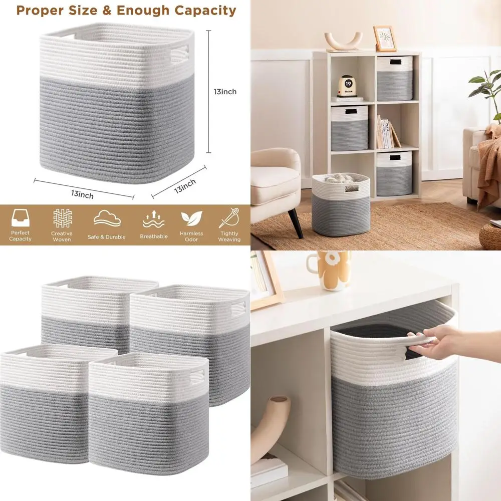 

Набор из 4 корзин для хранения из хлопчатобумажной веревки, 13 органайзеров-кубов для полок, игрушек, книг, белый/серый