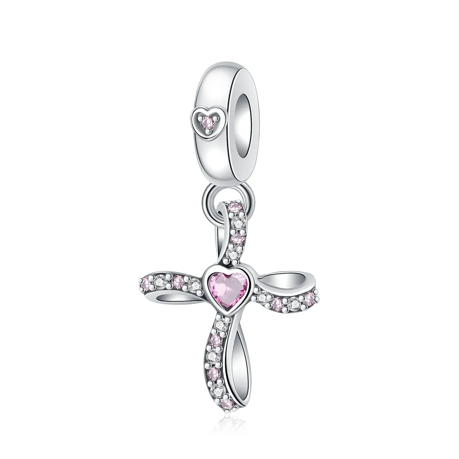 

925 Sterling Silver Cross Diamond Heart Pink Pendant Charm Fit Original Pandora Charms Bracelets Women DIY Jewelry Gift