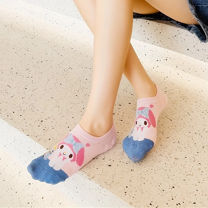 Kawaii Sanurgente Kuromi Melody of Teenager Cartoon No-show Chaussettes, Chaussettes douces et confortables pour toutes les saisons, 5 paires