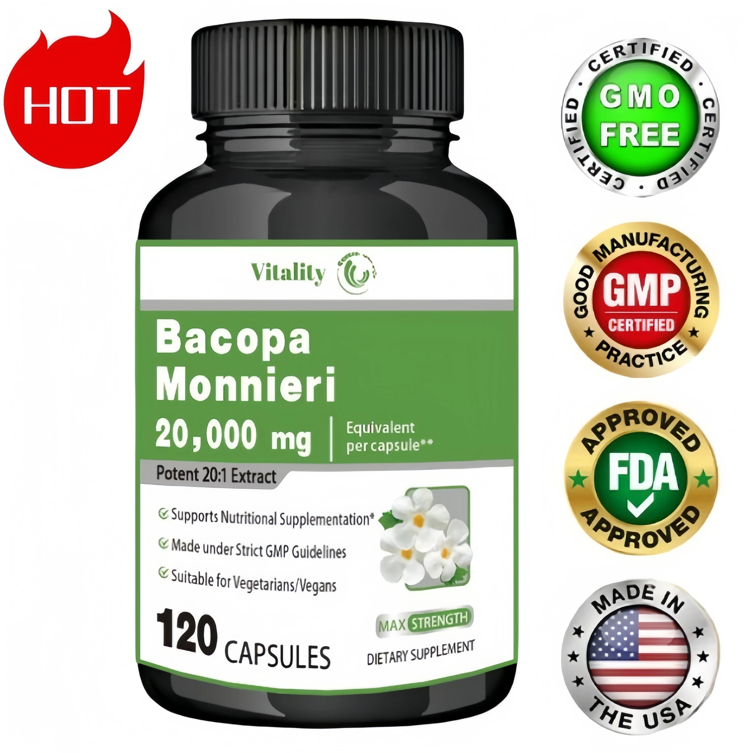 

Vitality Bacopa Monnieri в капсулах повышает здоровье мозга, способствует познанию и сопровождению, улучшает энергию и стамину