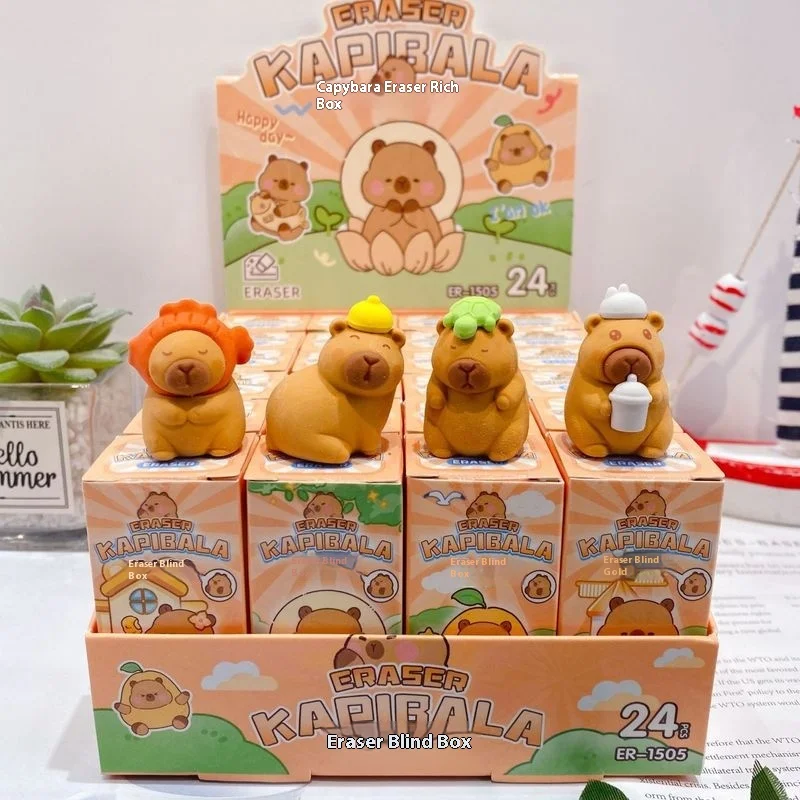 Capibala 24Pcs Eraser Blind Box Cartoon Set Cute Capybara Multi Shape Pencil Eraser Students Learn Teacher Stationery Prizes