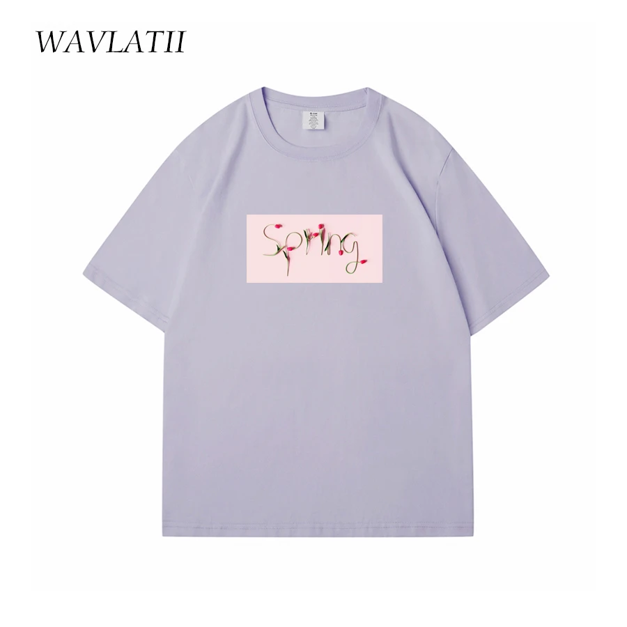 Wavlatii-女性用ベージュプリントTシャツ,綿100% の服,カジュアル,パープル,半袖トップス,レディース,夏,新品,wt2404