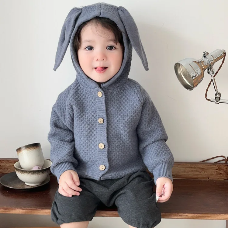 Kids Long Ears Hooded Knit Cardigan Spring Autumn Infant Soft Cute Sweater Baby Versatile Jacket Solid Color