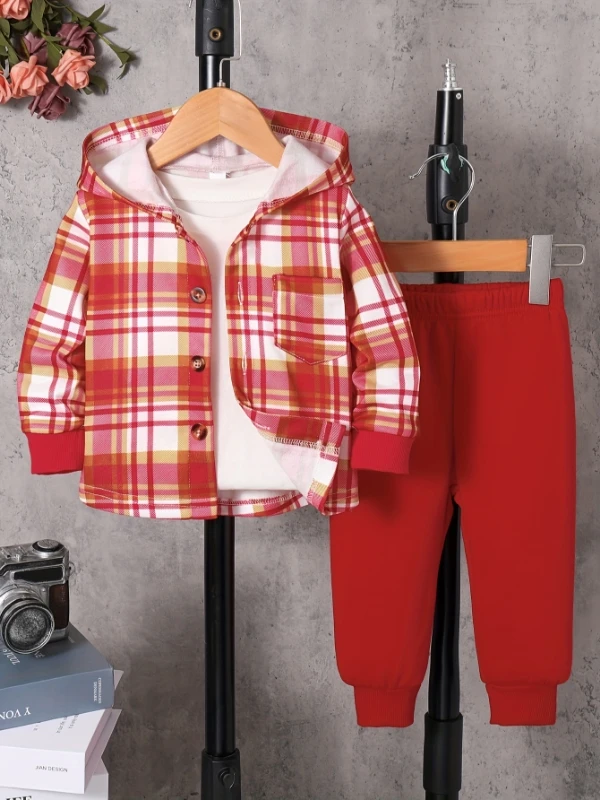 Karierter Kapuzenmantel für Kinder + rote Jogginghose, 2-teiliges Set, rot-weiß-gelb kariertes lässiges Herbst-/Winter-Outfit