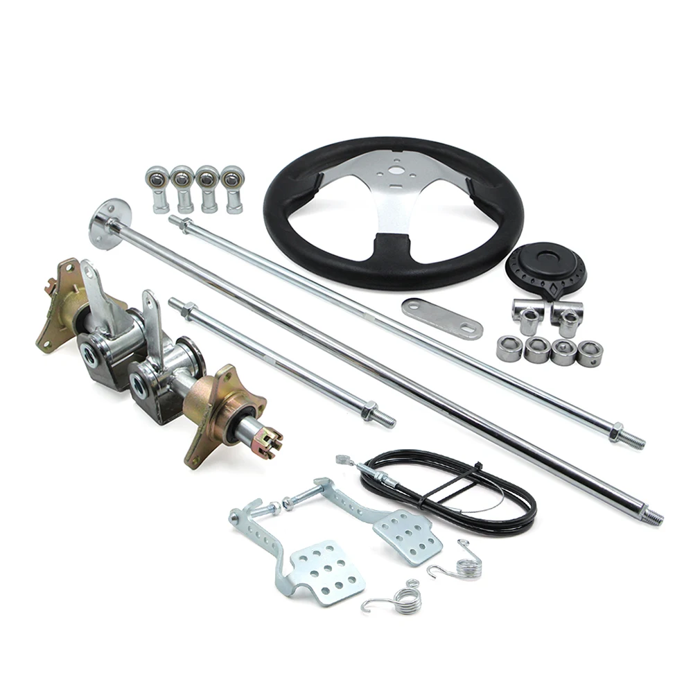 DIY Quad Go Kart Front Steering Wheel Tie Rod Ball Joint Gear Rack Shaft Kit With Brake & Throttle Pedals 5