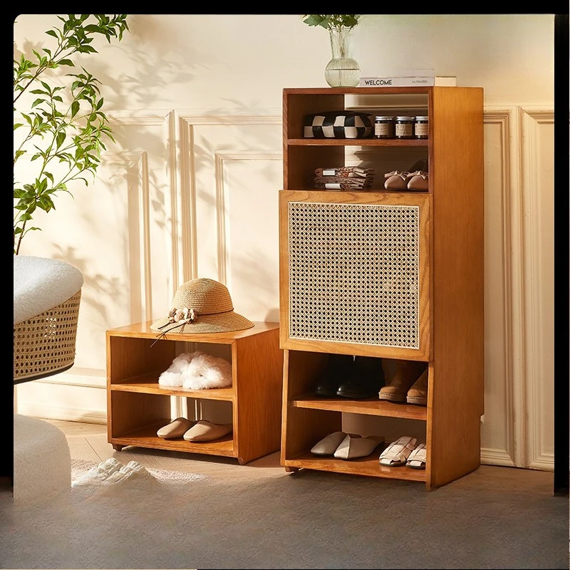 

Solid wood high and low cabinet combination new Chinese entrance layered rattan shoes storage