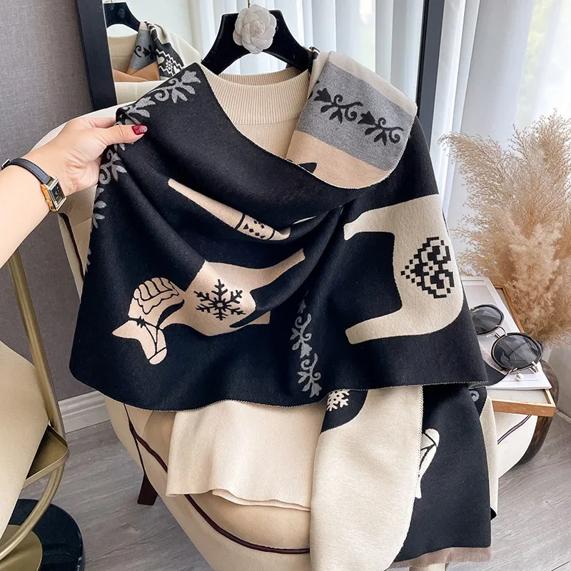 Luxury Warm Poncho Cashmere Winter Women Scarf Horse Print Shawl Wraps Female Thick Pashmina Blanket Bufanda Travel Echarpe 2024