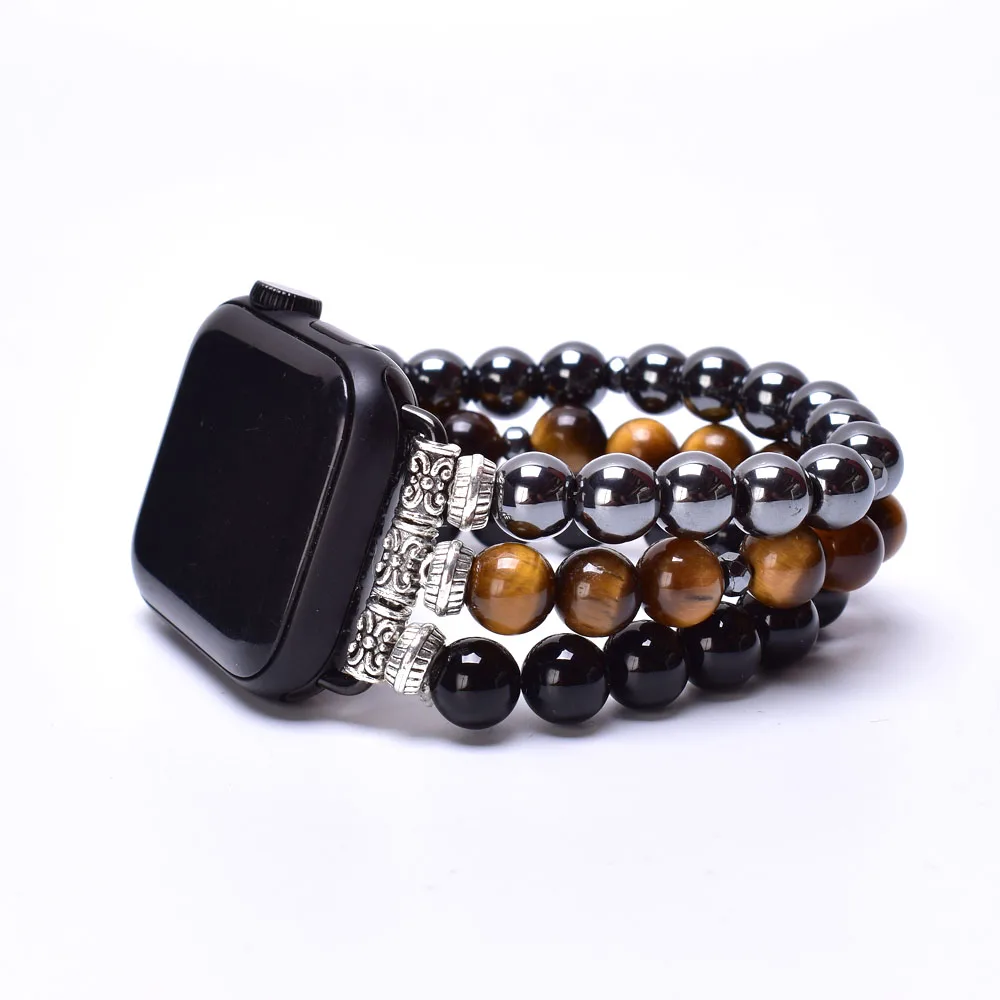 Hematite Tiger Eye Black Onyx Apple Watch Band 38mm 40mm 41mm 42mm 44mm 45mm Stone Beaded Bracelet Strap for Iwatch Series 1-SE