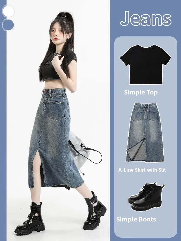 

Джинсовая юбка с высокой талией и разрезом, женская, новая модель осень-весна-лето, средней длины, А-силуэт, облегающая, маленький размер