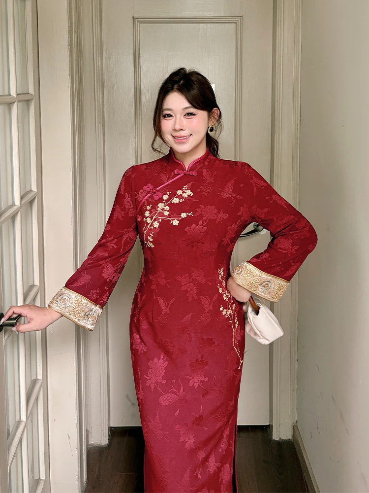 

New Chinese Sle Embroidered Gold Tead Revised Qipao Large Size Retro Red Wedding Dr Long Skirt for plus Size Women
