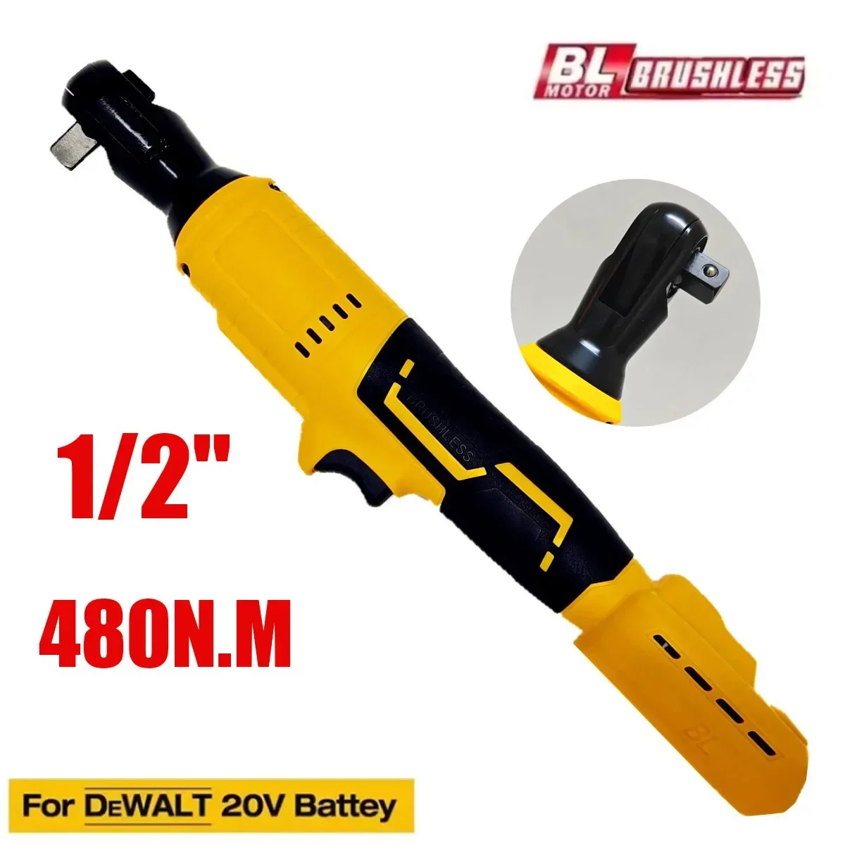 Brushless Ratchet Wrench 1/2'' Electric Impact Driver 480N.M Cordless Screw Nut Repair Tools for DeWALT 20V Battery Power Tools