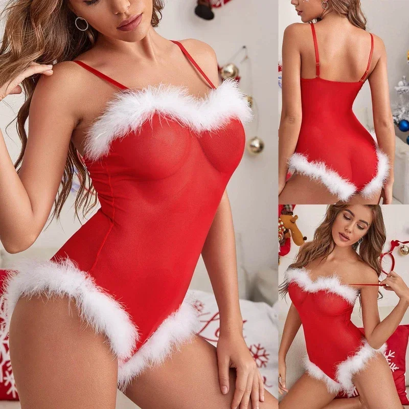 

Exotic Apparels Pajamas for Women Red Fluffy Lace Women's Pajamas Festive Performance Christmas Onesie Home Wear Suit Dresses
