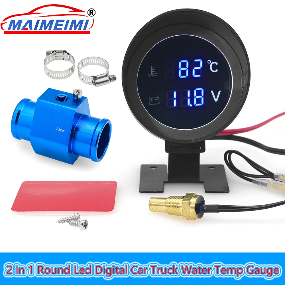2 in 1 LCD Car Truck Gauge Car Water Temperature Gauge volt meter With 26-40MM Water Temp Joint Pipe Sensor