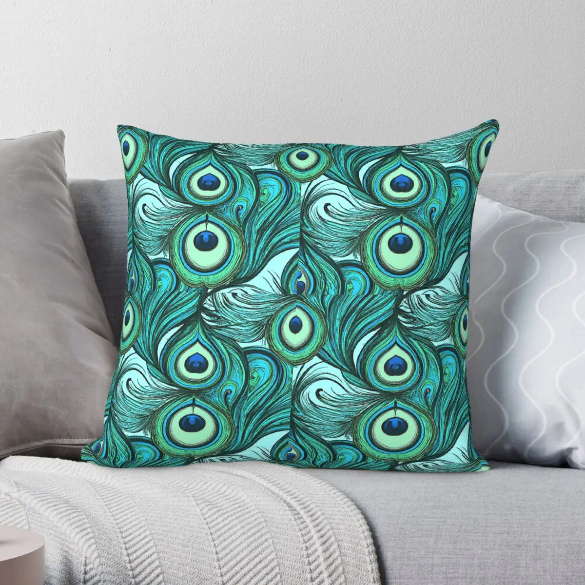 Peacock Feathers Art Nouveau Square Pillowcase Polyester Linen Velvet Pattern Zip Decor Car Cushion Cover