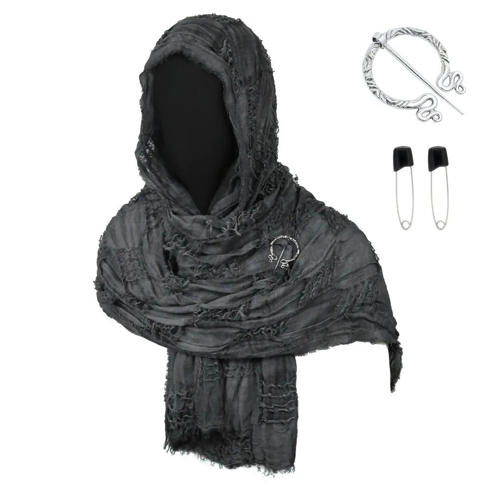 Gothic Distressed Hooded Scarf Polyester Metal Brooch Halloween Viking Cosplay Wrap Long Adjustable Medieval Shawl