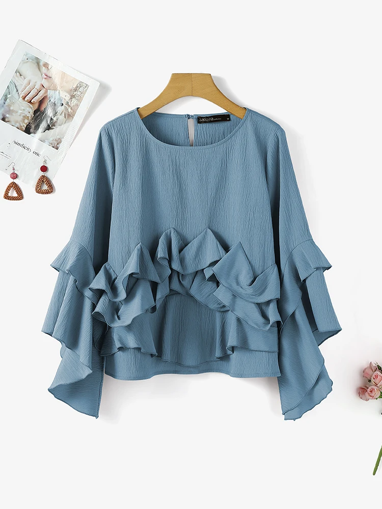 ZANZEA بلوزة نسائية مكشكشة بأكمام طويلة 2025 بلوزات على الموضة رقبة مستديرة قميص فضفاض غير رسمي أنيق ملابس الشارع الكورية Blusas Mujer