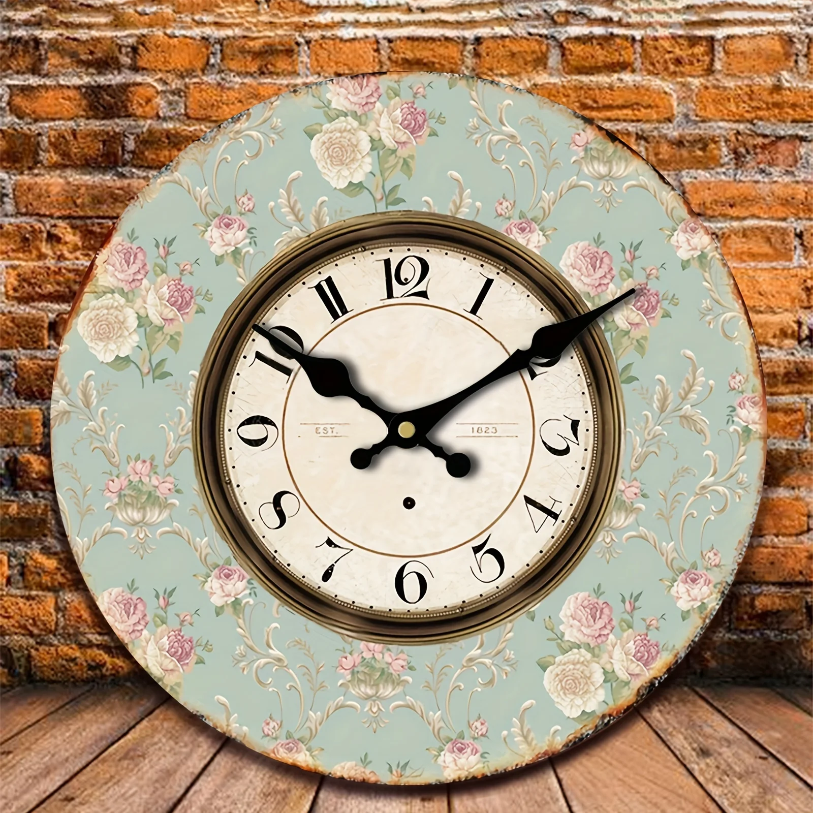 1pc Floral Round Wall Clock For Home Decor Living Room Rustic Clock Retro Clock AA Battery (not Included)