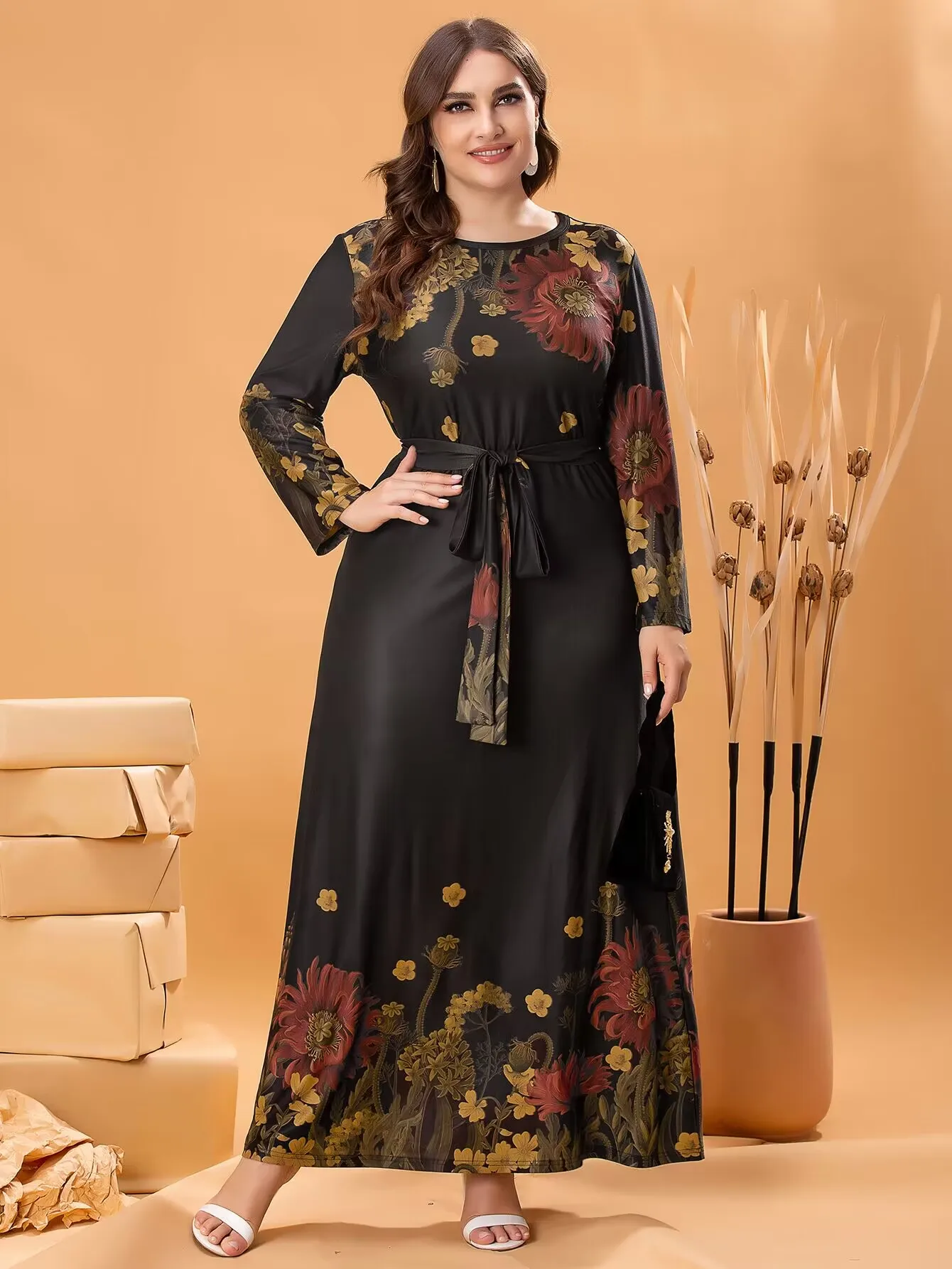 Autumn Winter Dress Long Sleeve 2024 Woman Floral Print Casual Long Dress Black Plus Size Women Clothing