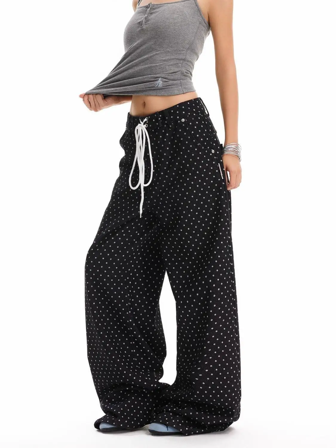 

Women’s Retro Polka Dot Print Personalized Black Jeans Wide Leg Drawstring Denim Pants Female High Waist Street Style Trouser