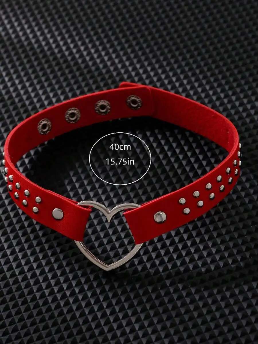 Damen-Gürtel im Punk-Stil, Halskette aus Kunstleder mit metallischem Herzanhänger und Schnalle, als Hip-Hop-Street-Accessoire für Damen. – Detail 7