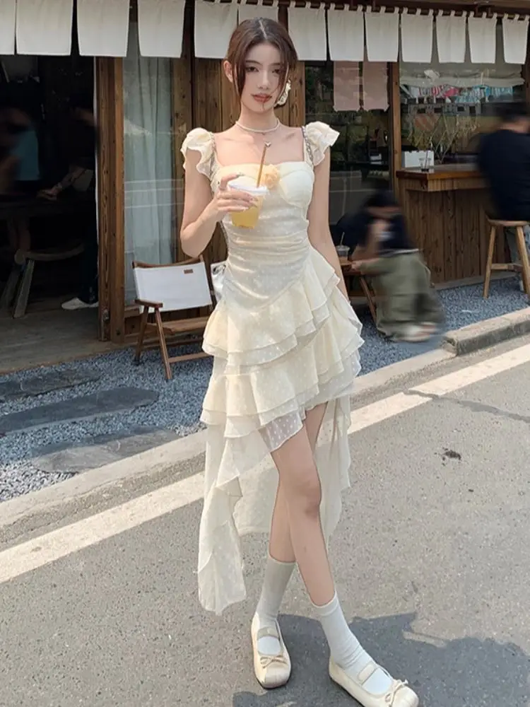 

2024 Sweet Irregular Fairycore Dress Women Summer Vintage Mesh Lace Patchwork Korean Style Ruffles Elegant Midi Dresses Fashion