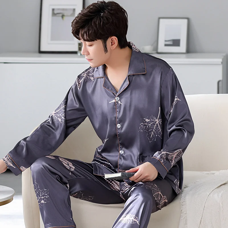 Pijama de seda liso estampado masculino, calça de manga comprida, roupa de casa high-end