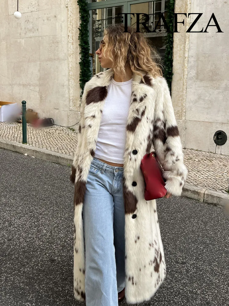 TRAFZA Frau Warme Dicke Casual Animal Print Faux Pelz Lange Mäntel Frauen Winter Elegante Langarm Revers Einreiher Jacken