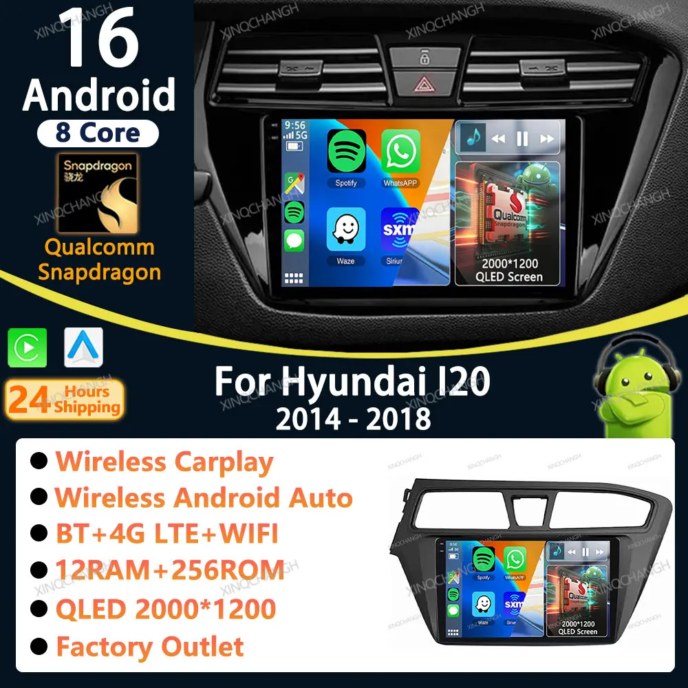 Android 16 Car Radio Carplay Auto For Hyundai I20 2 II GB 2014 - 2018 Audio Qualcomm 2DIN Casing Frame Head Unit Player QLED GPS