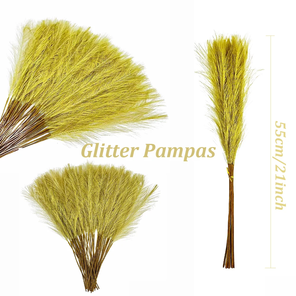 Glitzernde goldene Pampasgras-Kunstblumen, 5/10/20 Stück, künstliche Pampassträuße für goldene Hochzeit, Party, Weihnachten, Heimdekoration – Detail 1