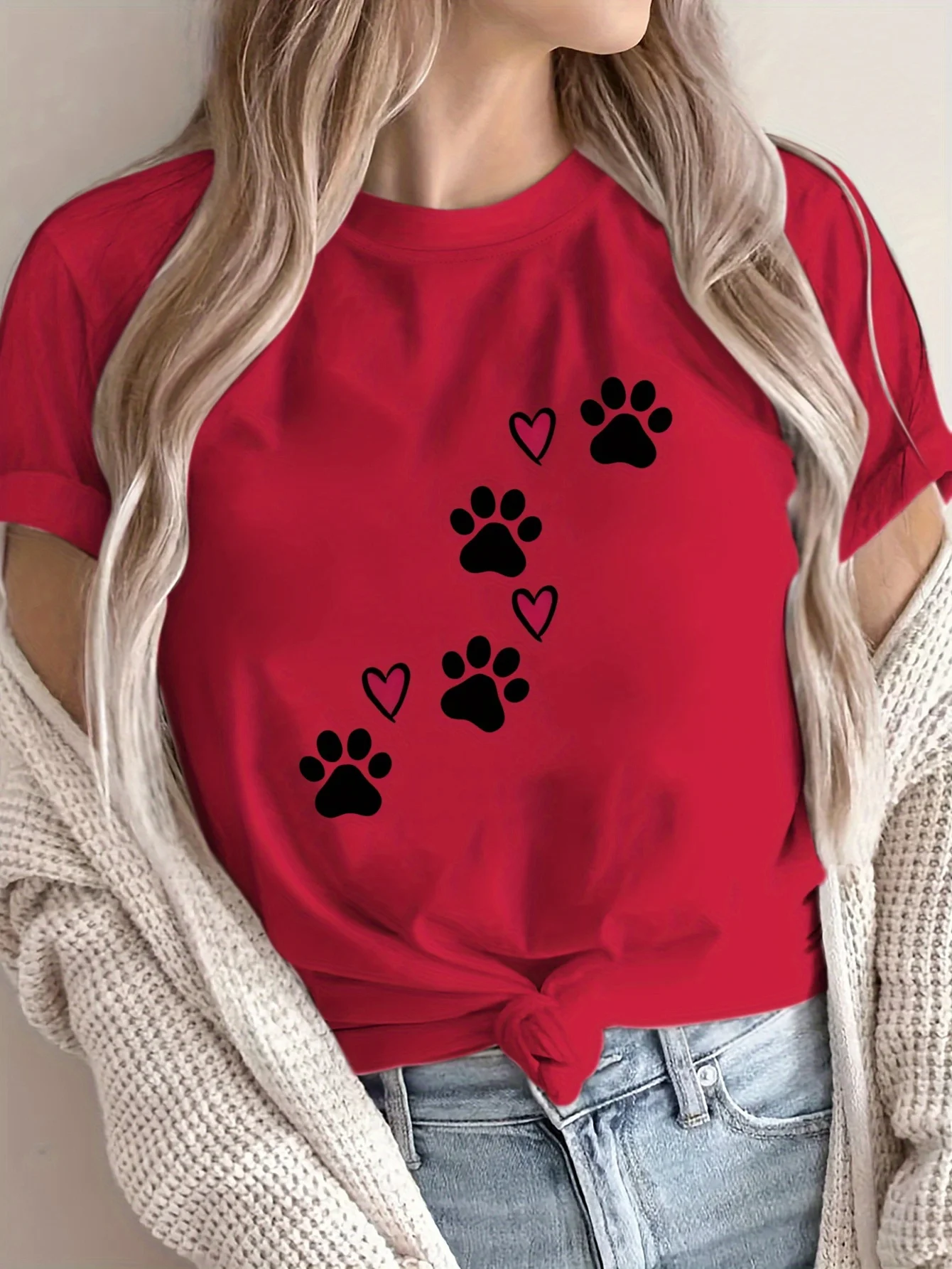 New Diagonal Cat Paw Pattern Women's T-shirt Summer Round Neck Versatile Short Sleeved Comfortable and Breathable Casual Top