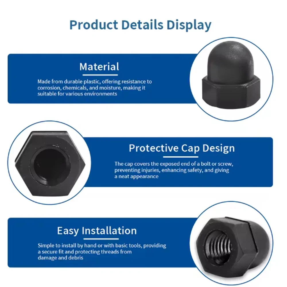 10–50 Stück schwarz-weiße Kuppel-Schutzkappenschraubenabdeckungen, freiliegender Sechskant-Kunststoff-PE-Mutter, Bolzen M3, M4, M5, M6, M8, M10, M12, M14, M16, M18 M2