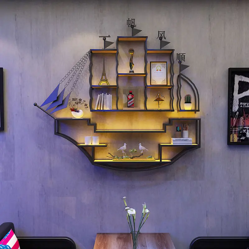Bar restaurant, winery Internet celebrity wrought iron wall-mounted sailing boat decoration shelf, creative luminous display