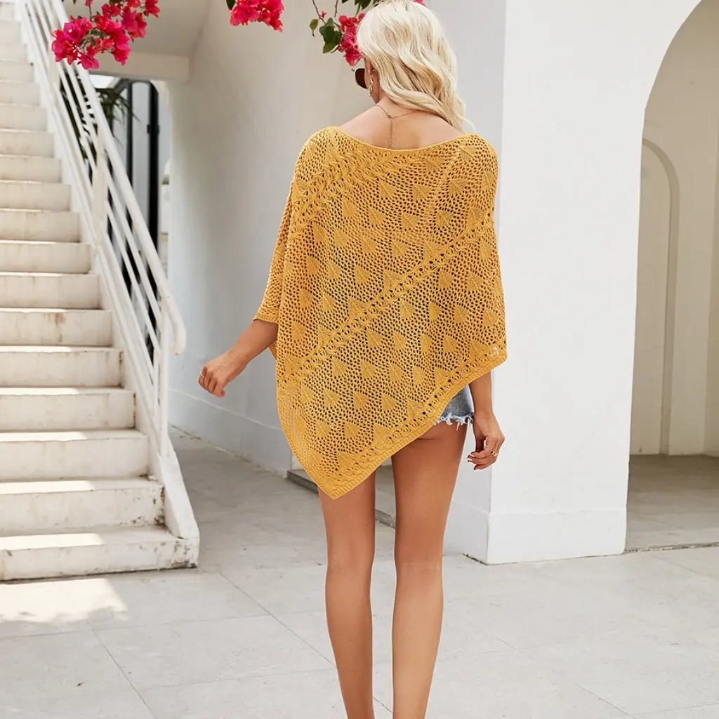 

Женская весенняя вязаная блузка, пуловер с шалью и рукавами, тонкий свитер, свободный полый дизайн, модный топ для женщин