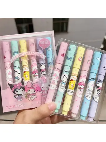 6Pcs/box Sanrio Hello Kitty Highlighter Pen Set Kawaii Kuromi Melody Cinnamoroll Art Fluorescent Markers Pens School Stationery