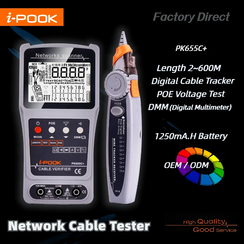 Rechargeable digital wire tracker multimeter i-pook PK655C+ LCD display network cable tester