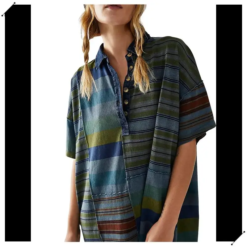 Women Contrast Striped Babydoll Y2k Summer Patchwork T- Shirt Dress Vintage V Neck Short Sleeve Dress