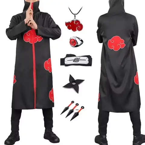 Anime Ninja Cosplay Costume Uchiha Itachi Red Cloud Cloak Robe Cloak Headband Props Halloween Clothes
