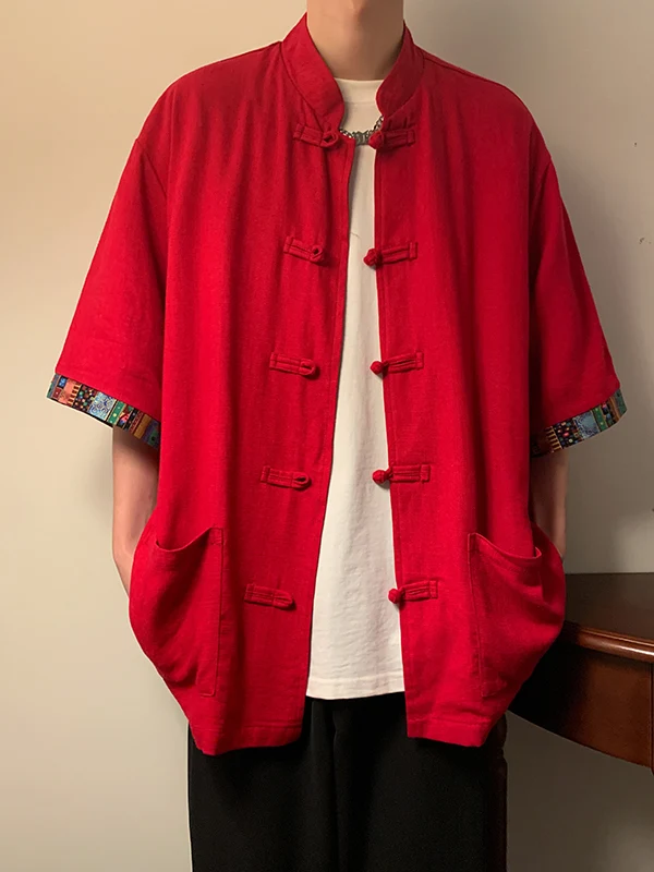 Youth Fashionable Linen Short Sleeve Men's Shirt Tibetan Print Retro High-End Feeling Jacket Traditional Chinese Clothing