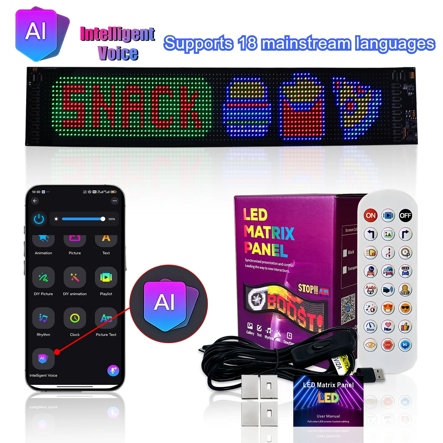 New AI Voice Control LED Car Windshield Display - Devil Eye Pixel Panel Ultra-Thin Flexible Advertising Sign with App/Bluetooth