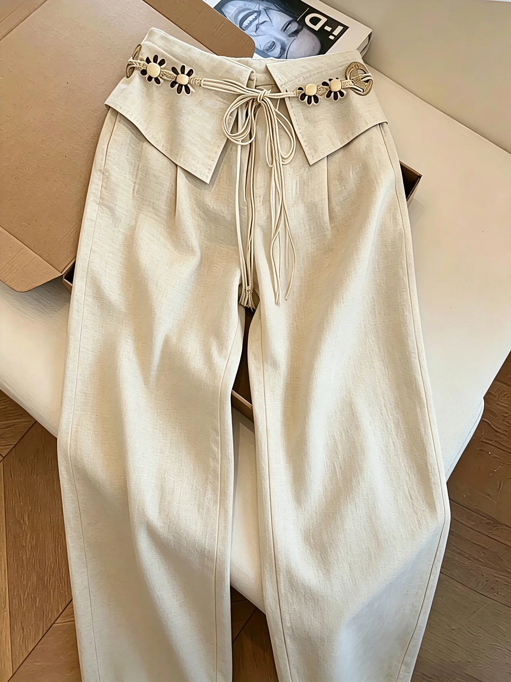 

High Waist Casual Pants with Belt Heavy Work Flower Design for Men And Women Summer Fashionable Loose Versatile Straight Leg ...