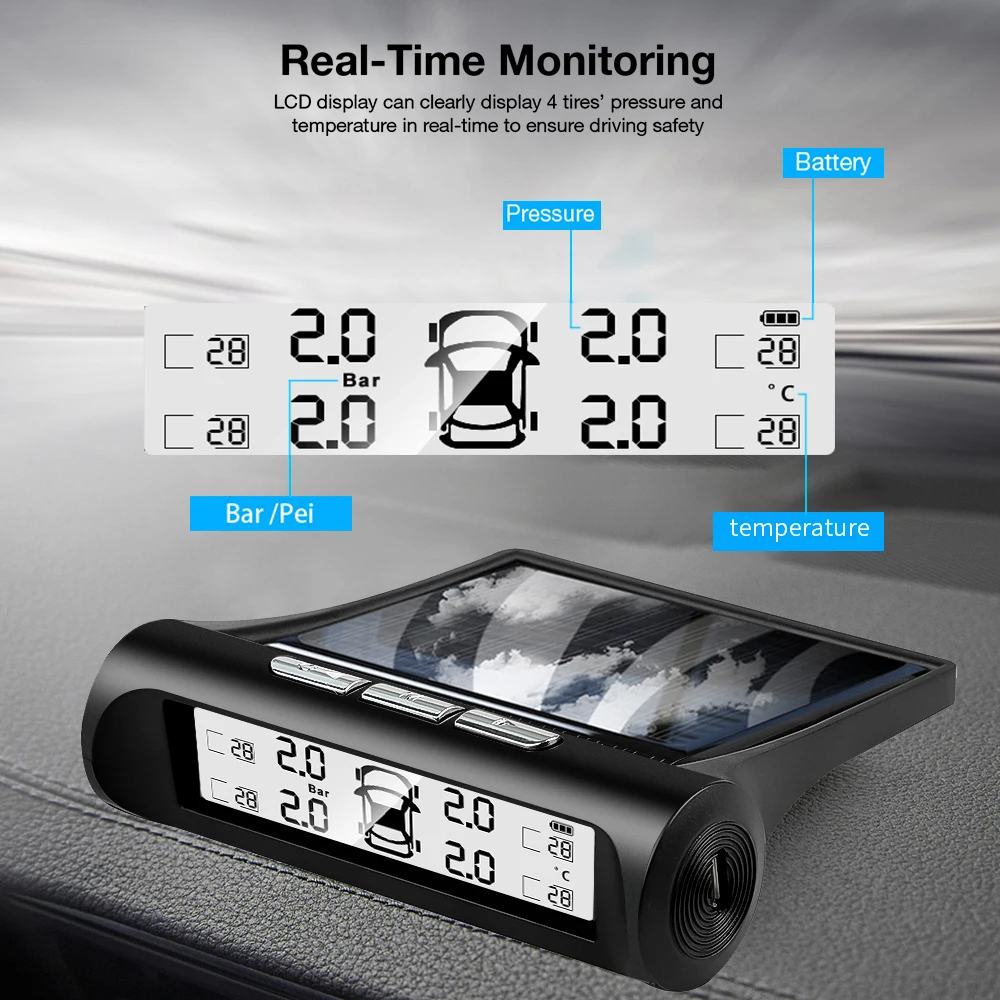 Solar Power Car Tire Pressure Alarm Digital Display Auto Smart TPMS Tyre Pressure Monitor System Temperature Warning Sensor